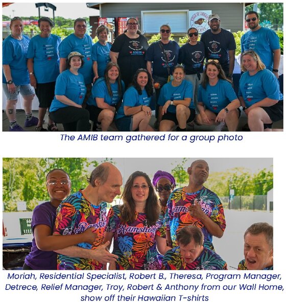 The AMIB team gathered for a group photo; Wall Home residents and staff show off their Hawaiian T-shirts