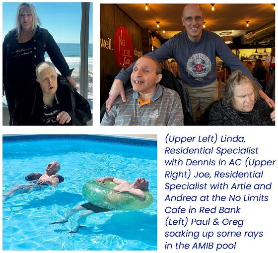 Linda with Dennis in Atlantic City; Joe with Artie and Andrea at the No Limits Cafe; Paul and Greg in the AMIB pool