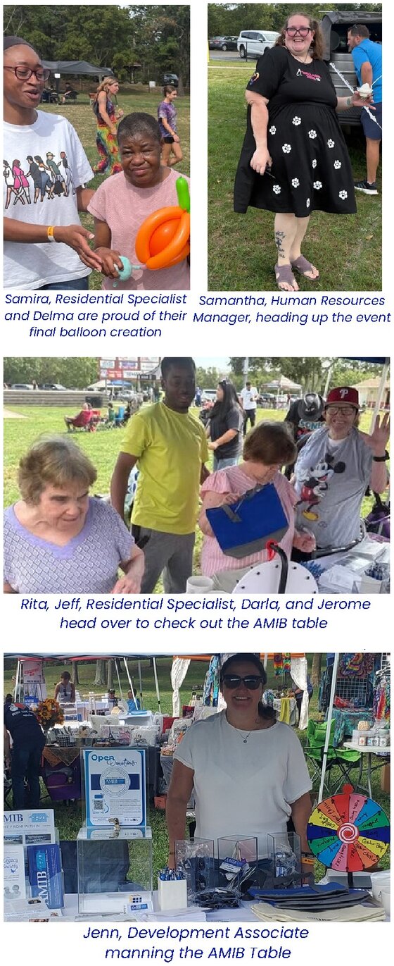 Samira and Delma with their balloon creation; Samantha heading up the event; residents and staff visiting the AMIB table; Jenn manning the AMIB table